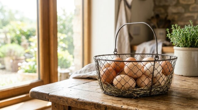 Fresh eggs in a rustic wire basket on a wooden table near a window food natural organic