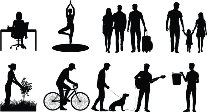 "Black silhouette vector illustration showing everyday human activities including work, exercise, travel, family, outdoor tasks, and recreation"