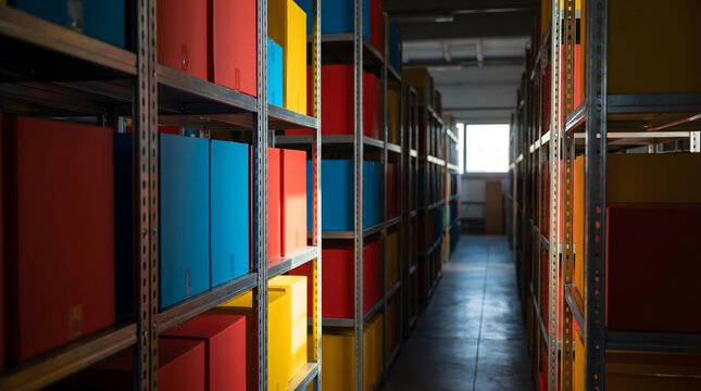 Colorful file boxes neatly arranged on metal shelving units in a warehouse aisle