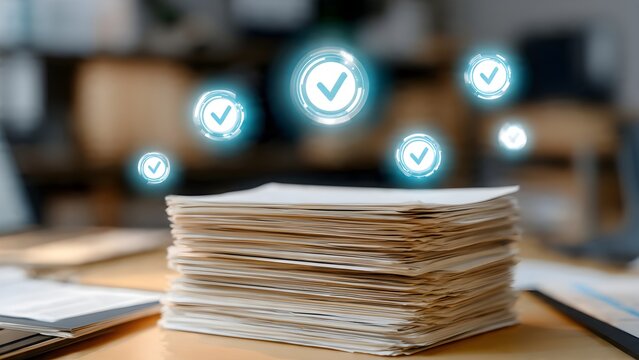 Conceptual representation of successful approval processes and task completion symbolized by glowing checkmarks hovering above a stack of documents on a desk suggesting efficient workflow and