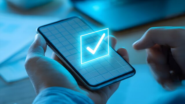 Hands holding a smart device displaying a glowing checkmark within a square interface symbolizing digital confirmation and task completion on a technology screen with glowing elements for online