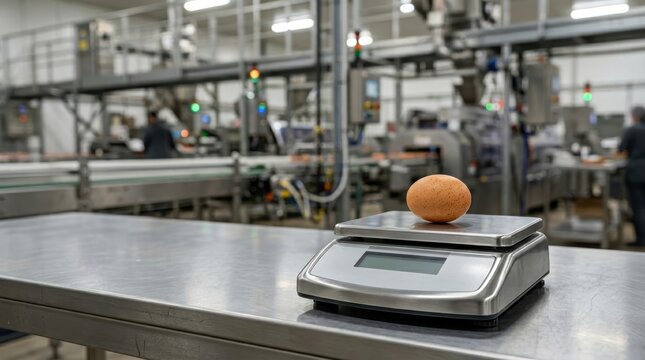 Single brown egg resting on a digital scale in a food processing factory weighing