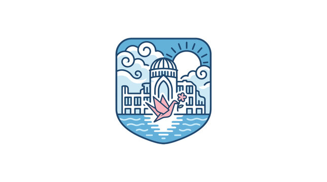 Dove with Flower Flying Over Cityscape, Symbol of Peace and Hope