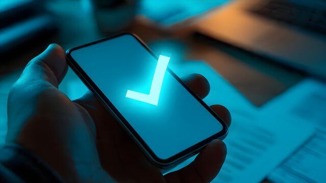 Digital confirmation on a handheld device screen showing a bright illuminated checkmark symbol with a verification process complete message glowing representing successful task completion in a