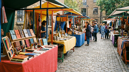 Obraz premium Outdoor craft market on cobblestone street with colorful stalls displaying handmade notebooks stationery textiles ceramics and art