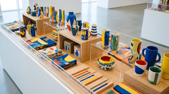Colorful ceramic vessels and textile design exhibits displayed on wooden shelves with transparent acrylic cases