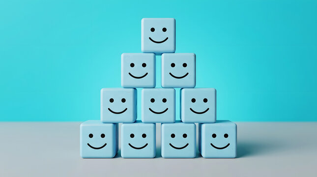 Light blue cubes stacked in pyramid shape with happy smiley faces block
