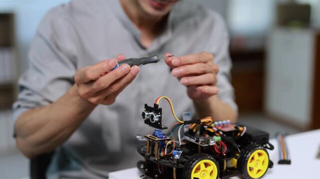 Close up of a focused young engineer or student carefully using a screwdriver to assemble a small robotic vehicle, working on the electronic components and sensors of his STEM education project