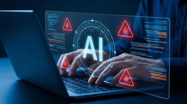 AI tool for detecting bugs in source code. Automatically identifying bugs and suggesting possible fixes. Programmer using AI code analysis system on laptop computer. 