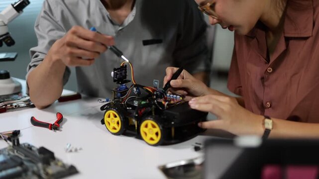 Young Asian man and woman collaborating on a robotics project in a laboratory, meticulously assembling a remote controlled car using various electronic components and tools for an AI innovation