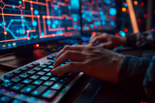 Programmer hands typing on keyboard in front of multiple screens with lines of code and data science