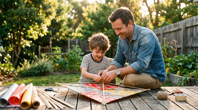 Father and son are assembling a kite while smiling together in the backyard of the house 
