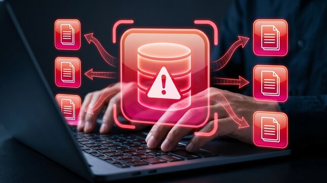 Data leak and information breach. Unauthorized access leading to disclosure of personal and confidential information. Hacker exploit security vulnerabilities using laptop computer. 