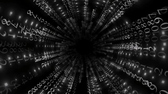 A monochrome (black and white) abstract loop animation featuring a visualization of an endless tunnel formed from a series of continuously moving and glowing digital numbers.