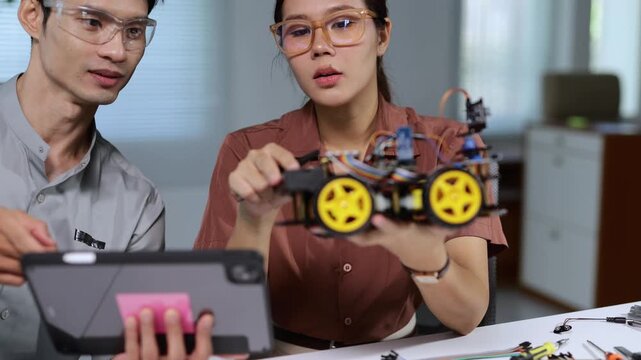 Young Asian male and female engineers collaborating on a robotics project, programming and assembling a smart car with sensors and circuits in a modern technology laboratory or classroom setting