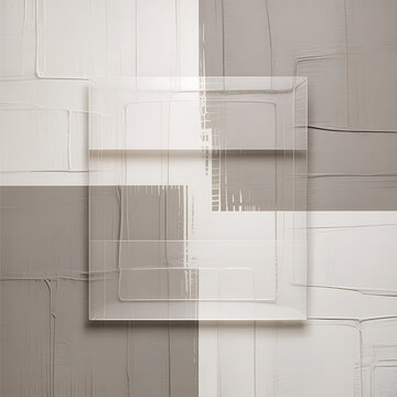 Abstract composition of overlapping transparent rectangular planes creating depth perception and modern minimalist aesthetic over textured light gray and beige backgrounds with subtle brushstrokes.