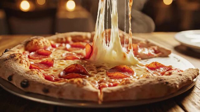 Hot pepperoni pizza with melted cheese pull