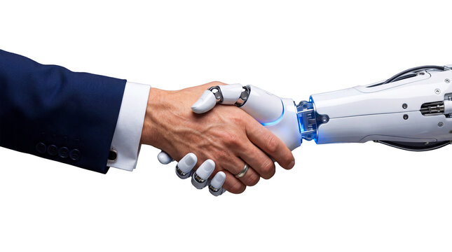 White cyborg robotic hand shaking hands with a human businessman hand - cyber partnership isolated cutout with transparent background