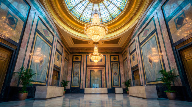 Grand hall with ornate dome ceiling chandelier frescoes marble floor and symmetrical architecture