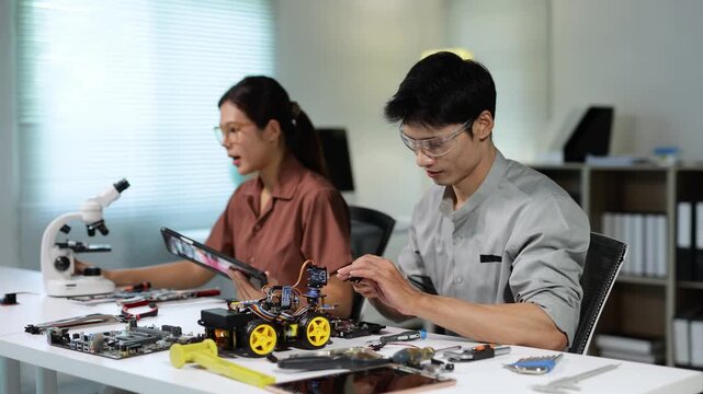 Asian engineers collaborating on a robotics project in a laboratory, with the man assembling electronic components for a robotic car while his female colleague analyzes data with a microscope