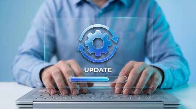 Update of system and software. Security patch and firmware version upgrade. Businessperson using laptop computer to apply bug fixes. 