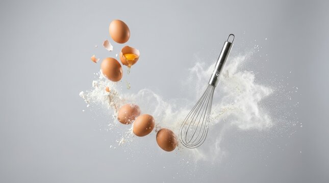 Whole and broken eggs suspended mid air with flour and whisk baking cooking ingredients
