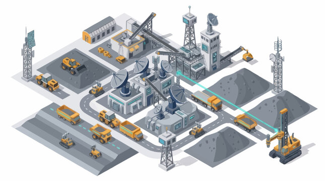 Industrial mining complex with heavy machinery and raw materials.