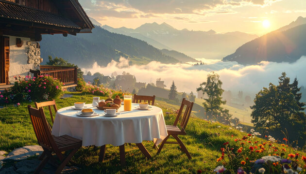 Scenic Alpine breakfast on terrace with mountain view at sunrise
