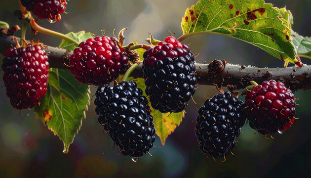 Fresh ripe and ripening mulberries on a branch with water drops
