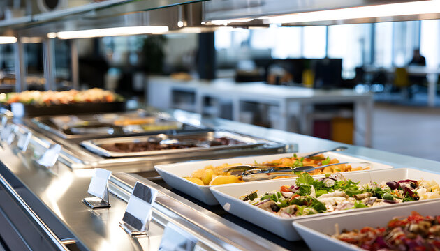 An intermediary view of a lively corporate lunch buffet in a tech hub corporate featuring modern hot food stations and branded cold dishes with a partially obscured office backdrop.