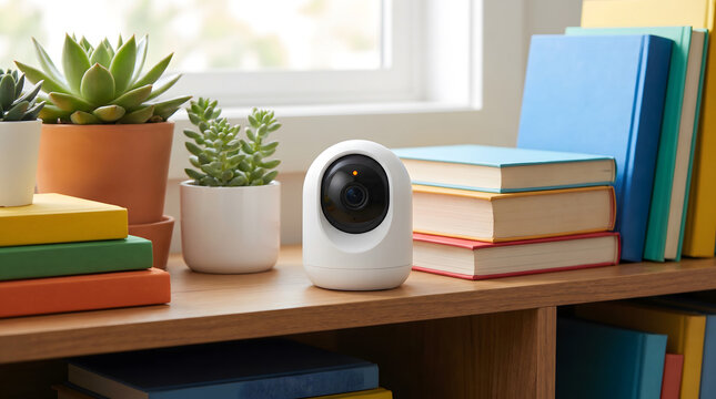 Smart security camera placed on wooden shelf alongside potted succulents and colorful books in a well-lit indoor setting
