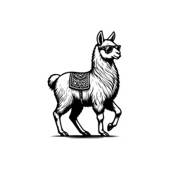 Obraz premium A black and white vector illustration of a llama wearing a saddle, standing against a clean white background with a bold and graphic style.