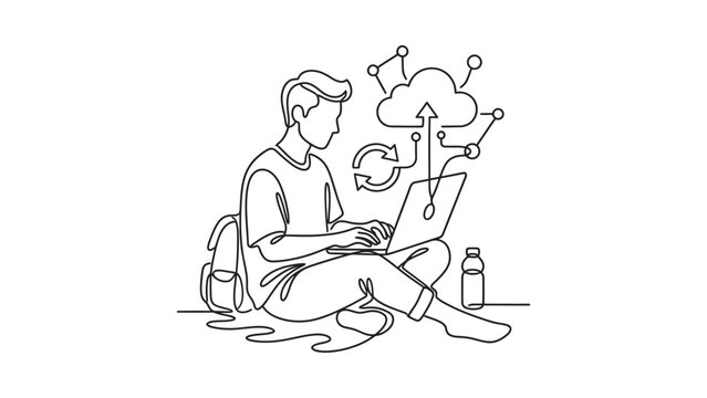 Continuous line drawing of a student using a laptop with cloud computing icons.