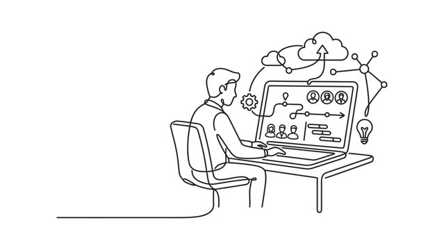 Continuous line drawing of a businessman working on a laptop with digital icons.