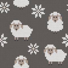 Obraz premium Cute sheep and snowflake knited seamless pattern