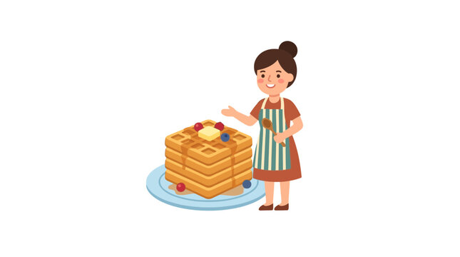 Happy girl presenting stack of waffles with berries on plate