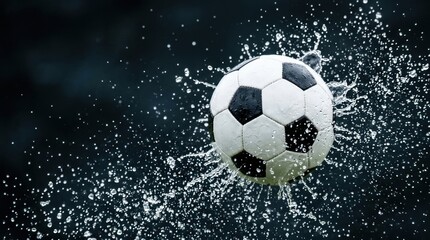 Naklejka premium A classic black and white soccer ball splashes through water droplets against a dark textured surface