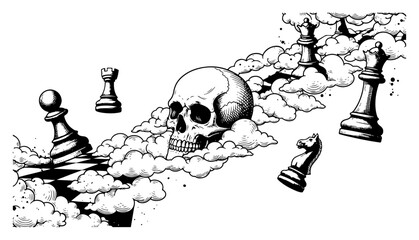 Human skull and falling chess pieces in clouds vintage woodcut engraving style © Wera