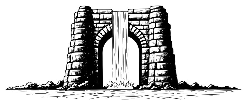 Stone arch bridge with waterfall flowing through the center in vintage woodcut style
