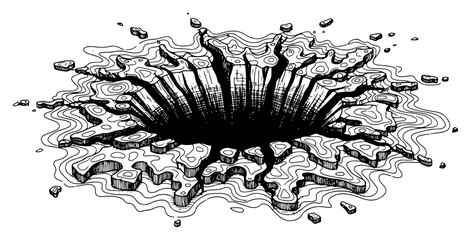 Deep ground crater with layered edges in vintage engraving style © Wera