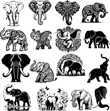 Premium Elephant Vector Collection Featuring Tribal, Mandala, Ornamental, Silhouette and Decorative Elephant Designs, Black and White Wildlife Illustration Set for Tattoo, Logo