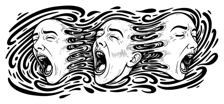Screaming human faces dissolving into flowing liquid waves in surreal woodcut style