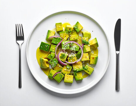 Plato saludable y refrescante con cubos de aguacate fresco, cebolla morada, aceite de oliva virgen extra, sal marina y especias, cocina sana minimalista de verano