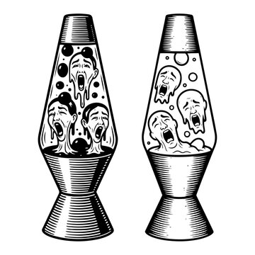 Lava lamps with screaming human faces in vintage woodcut engraving style