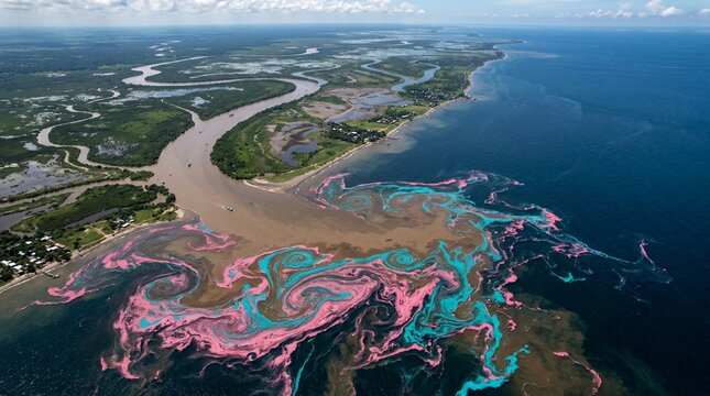 Aerial view of river delta with colorful microplastic swirls