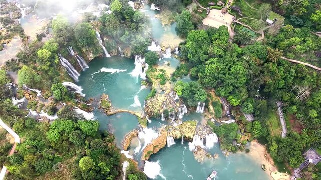 Arial view of Th&aacute;c Bản Giốc waterfalls	