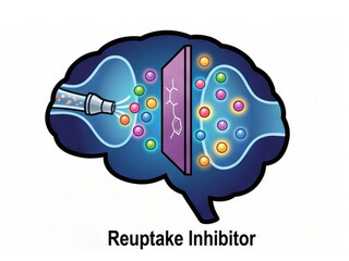 Fototapeta premium Reuptake inhibitor mechanism is illustrated within a human brain silhouette showing chemical neurotransmitters crossing a synaptic gap to regulate mental health and neurological signal transmission.