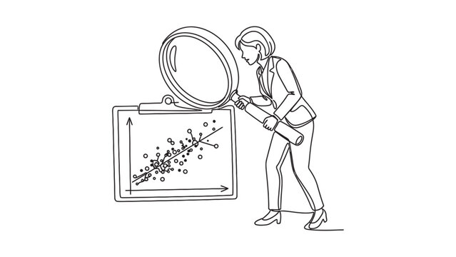 Business woman examining data chart with a magnifying glass line drawing.