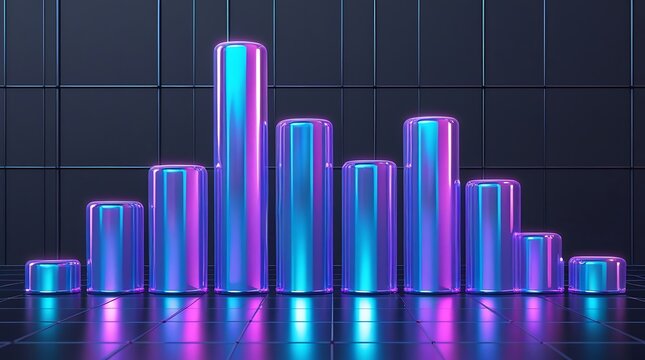Abstract bar chart with glowing neon cylinders standing on grid floor in dark digital space.