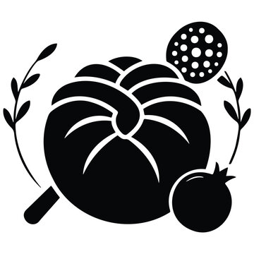 Rosh hashanah round challah bread vector illustration with pomegranate and circular icons.